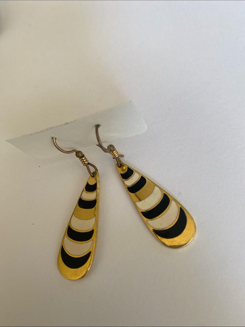 Silver Forest Gold Teardrop Dangle Earrings with Black and Cream Inlay